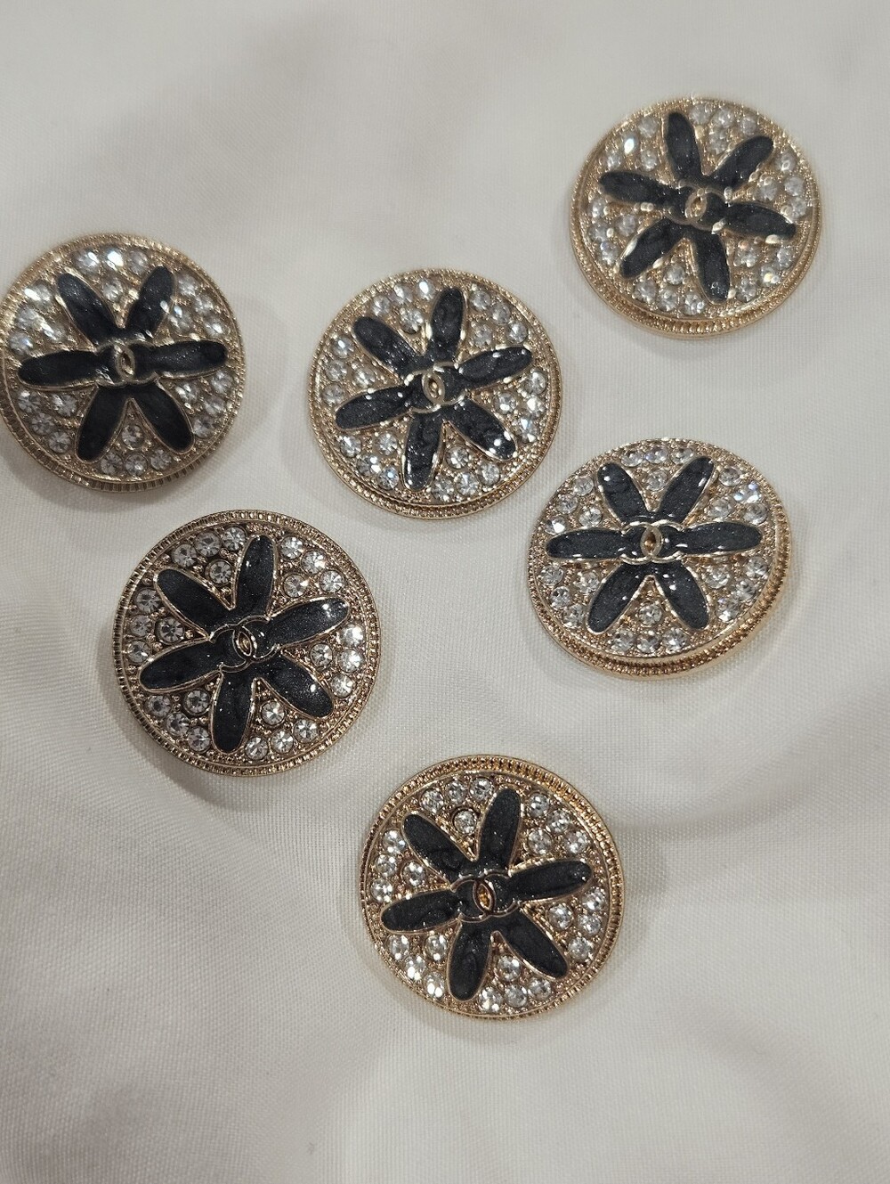 Chanel Crystal & Black Enamel Flower CC Buttons Set of 6 Gold Tone 24.8mm